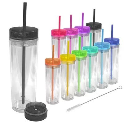 Tobeurs en plastique à double paroi maigres de 16 oz avec couvercles et pailles